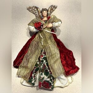 REDUCED Vtg 13" Angel Christmas Tree Topper Ornament Red Velvet & Gold Dress